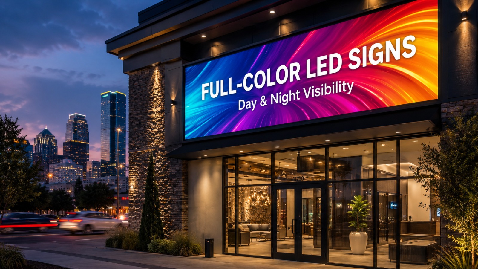 Full-color LED storefront sign with day and night visibility by Sign Go